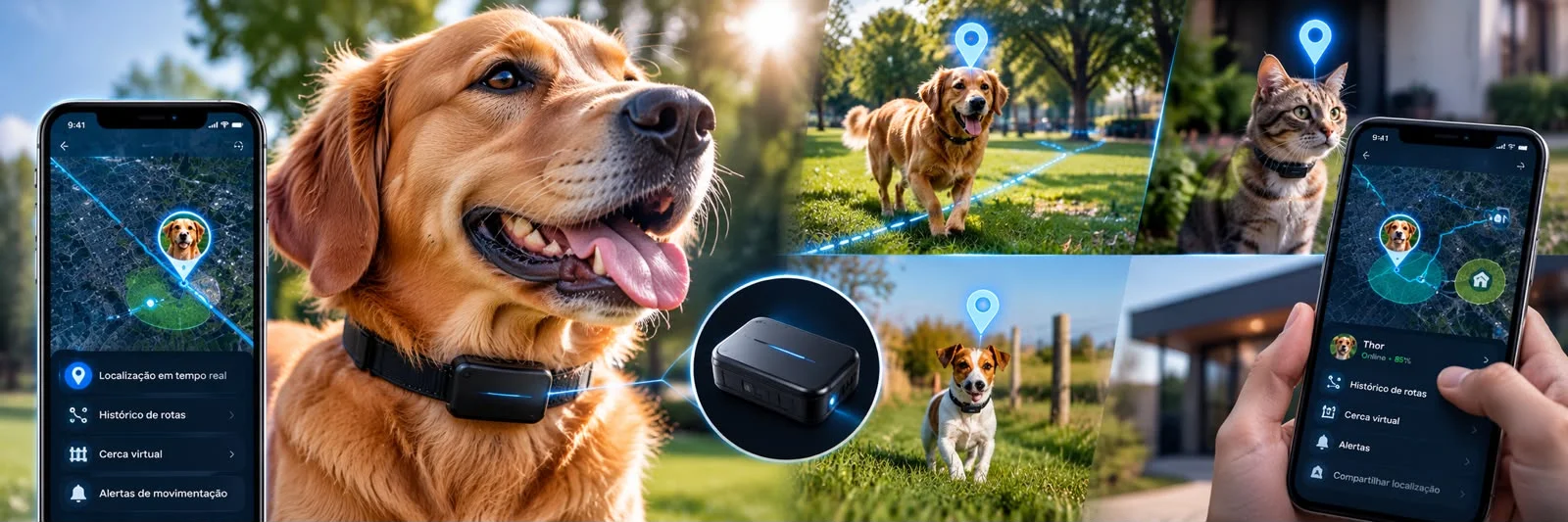 Rastreador GPS para pets: localização em tempo real, histórico de rotas, cerca virtual e alertas de movimentação pelo app
